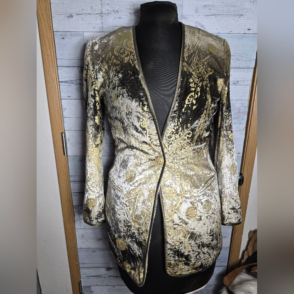 Vtg 80s Escada Taupe Beige Panne Velvet Ombre Foil Stamped Blazer Jacket